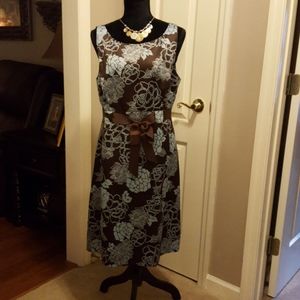 Jessica Howard brown aqua floral sleeveless dress grosgrain ribbon belt 14 EUC…